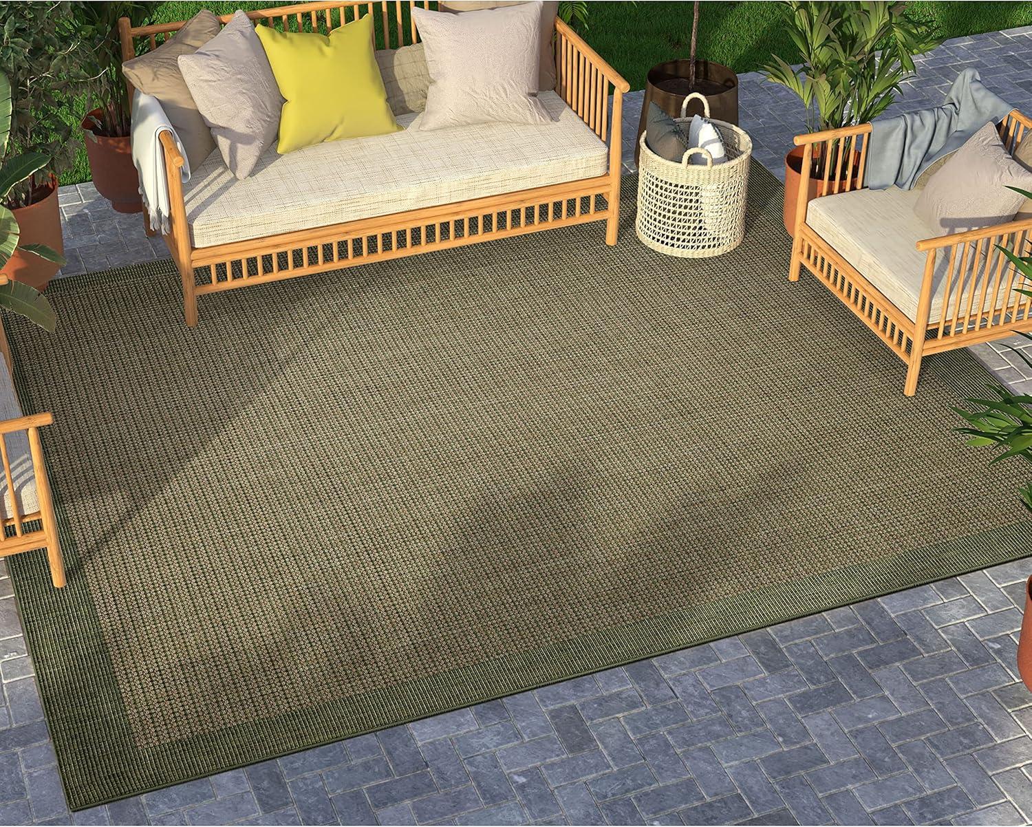Marshanna Odin Solid Striped Border Indoor Outdoor Green Flatweave Rug