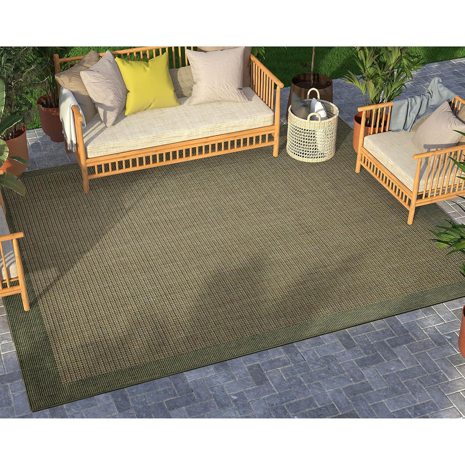 Marshanna Odin Solid Striped Border Indoor Outdoor Green Flatweave Rug