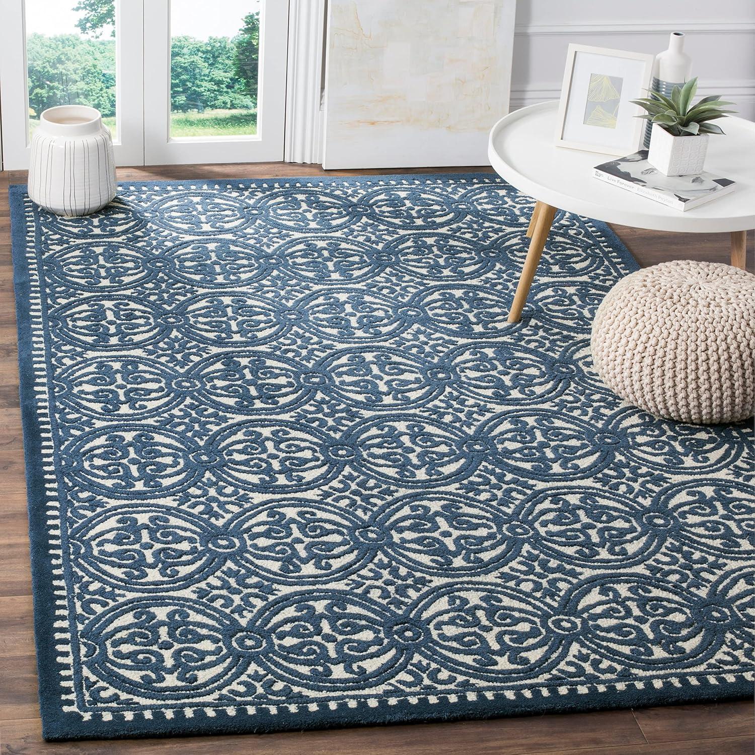 Ivory and Navy Handmade Wool Runner Rug