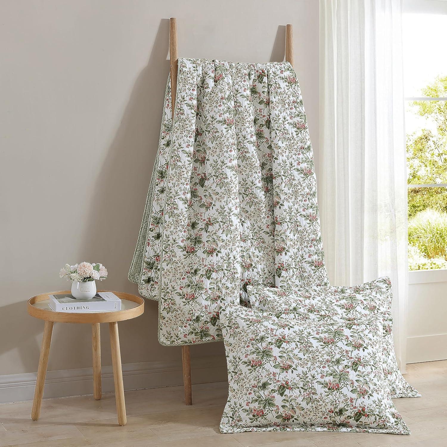 Laura Ashley Bramble Floral Cotton Reversible Green Quilt Set