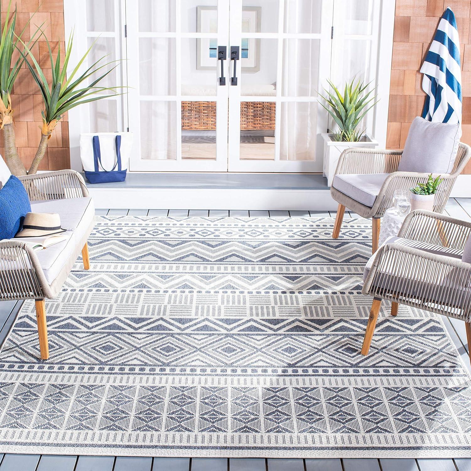 Cream and Navy Geometric Washable Indoor/Outdoor Area Rug