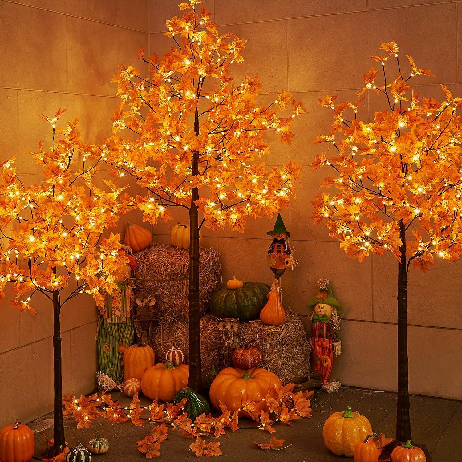 7-Foot White LED Lighted Maple Tree with Orange Leaves