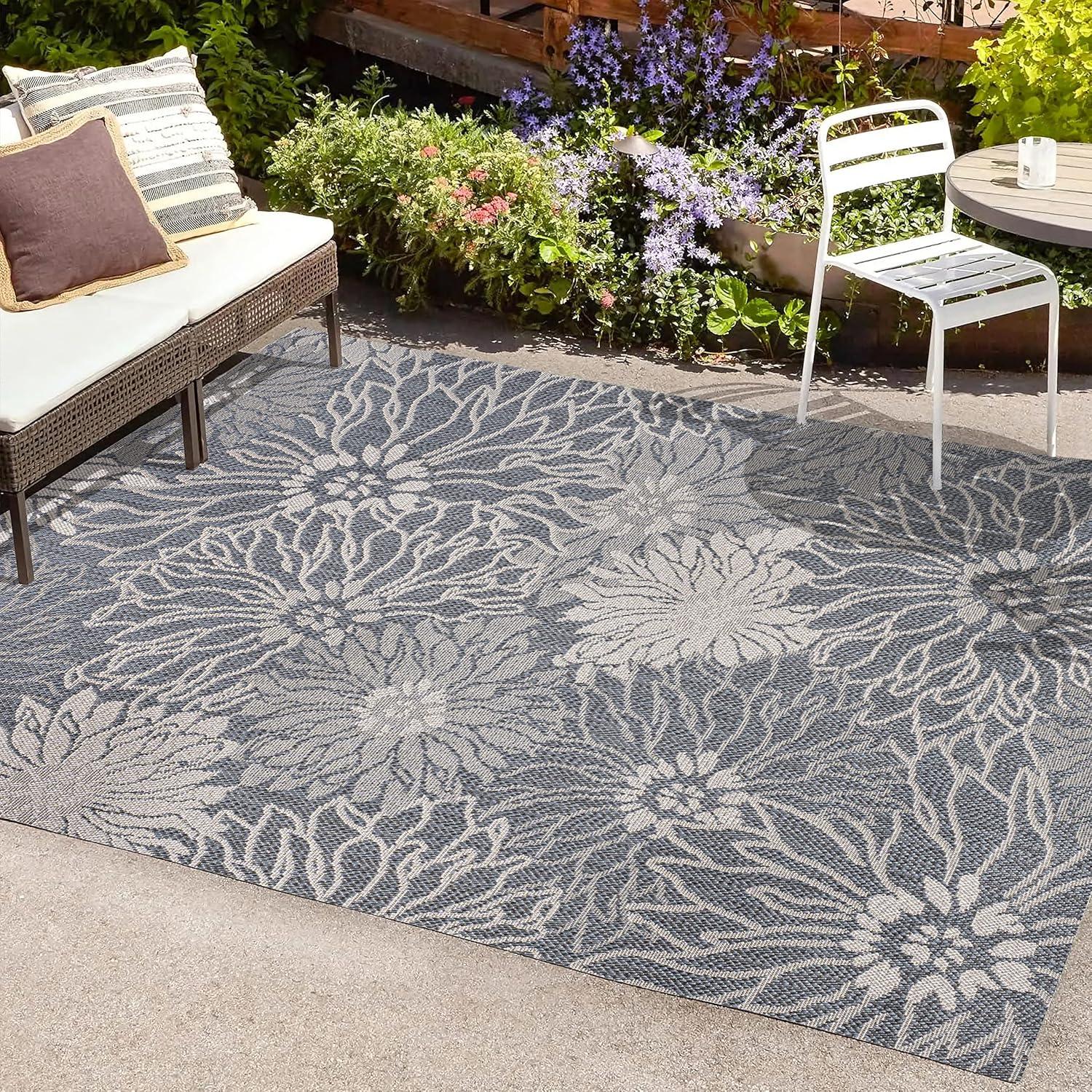 Modern Floral Gray Synthetic 5' x 8' Indoor/Outdoor Area Rug