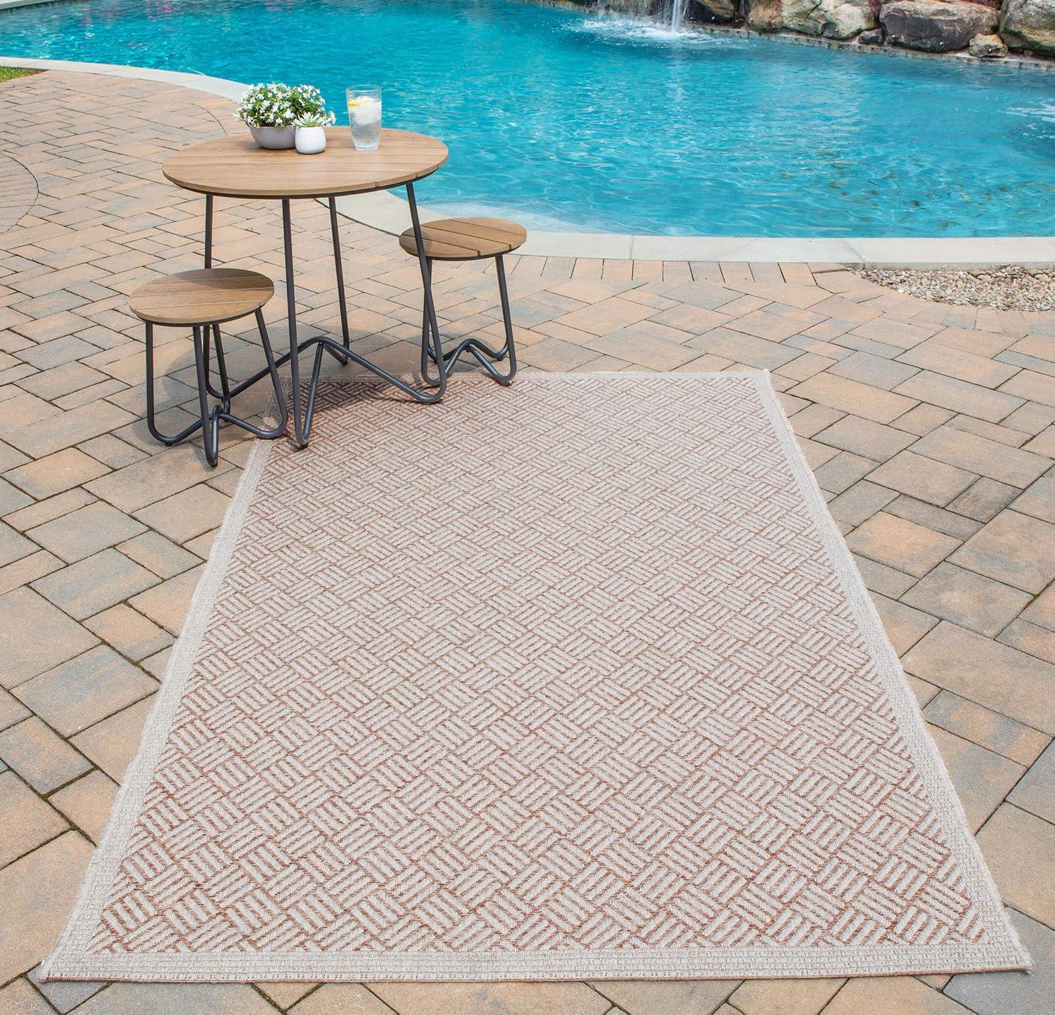3'11"x5'7" Geometric Loomed Accent Rug Tan - Momeni: Indoor Outdoor Low Pile Rectangle, Contemporary Design