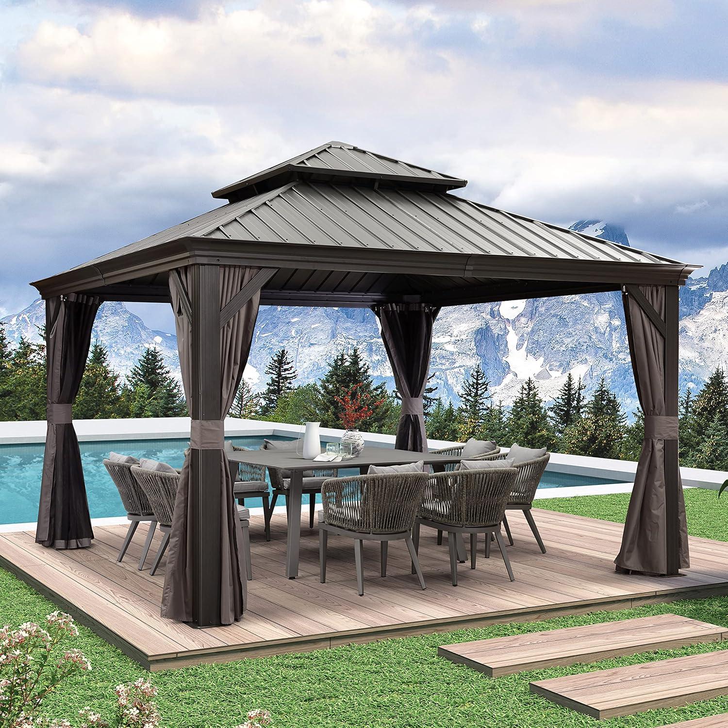 12' x 12' Grey Aluminum and Steel Hardtop Gazebo with Curtains