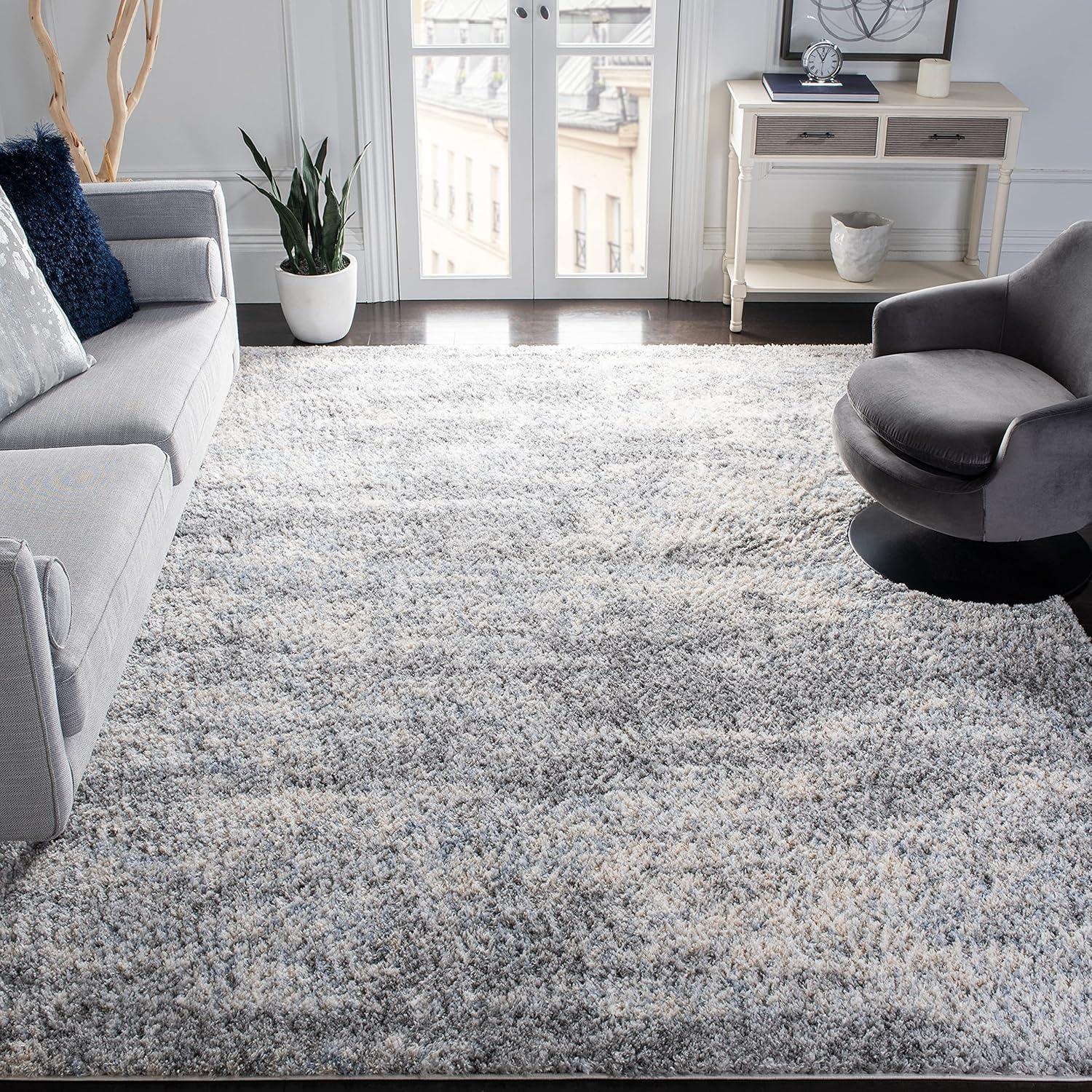 Gray and Cream Abstract Shag Area Rug, 8' Square