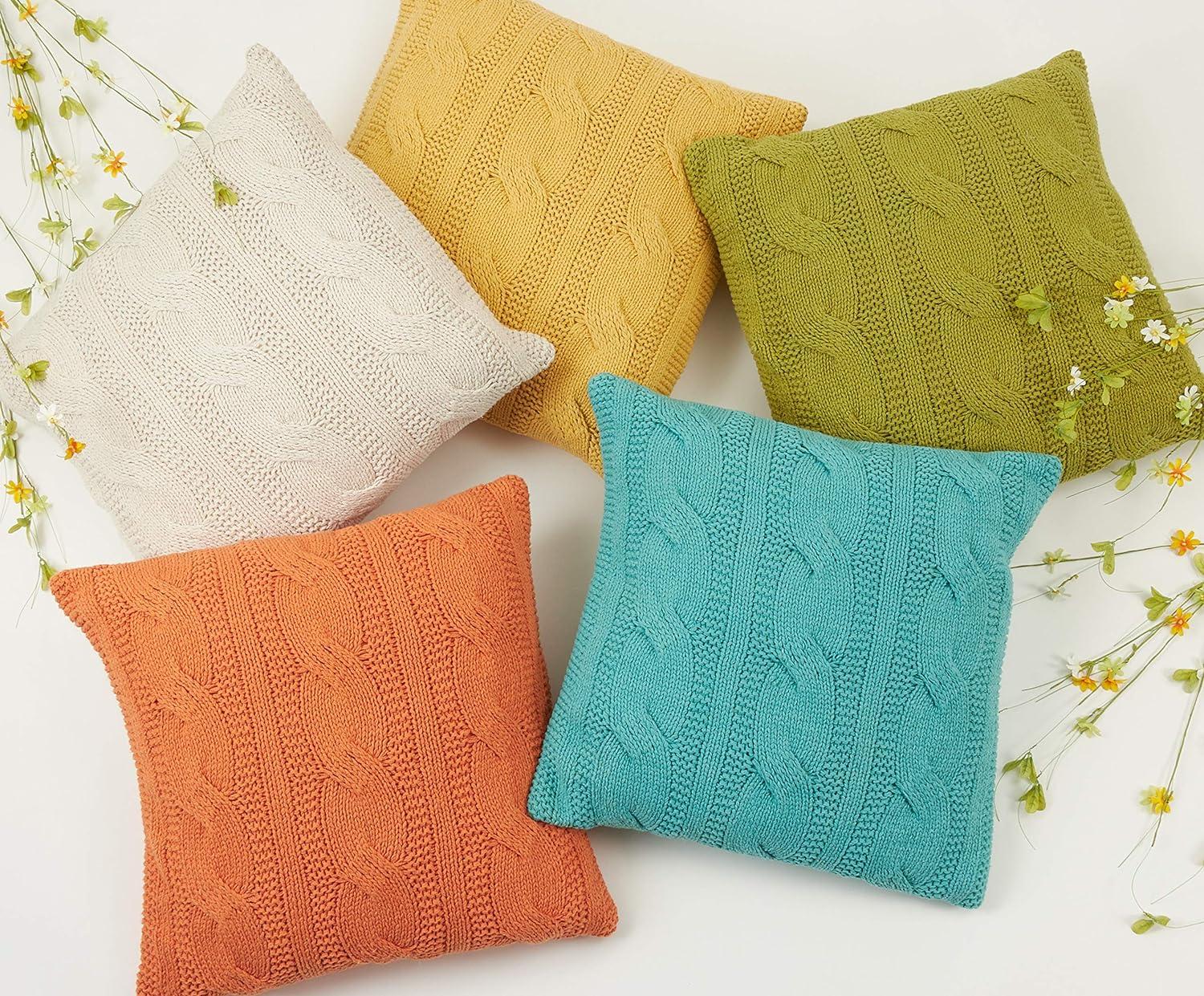 Vanilla Cable Knit Cotton Square Throw Pillow Set