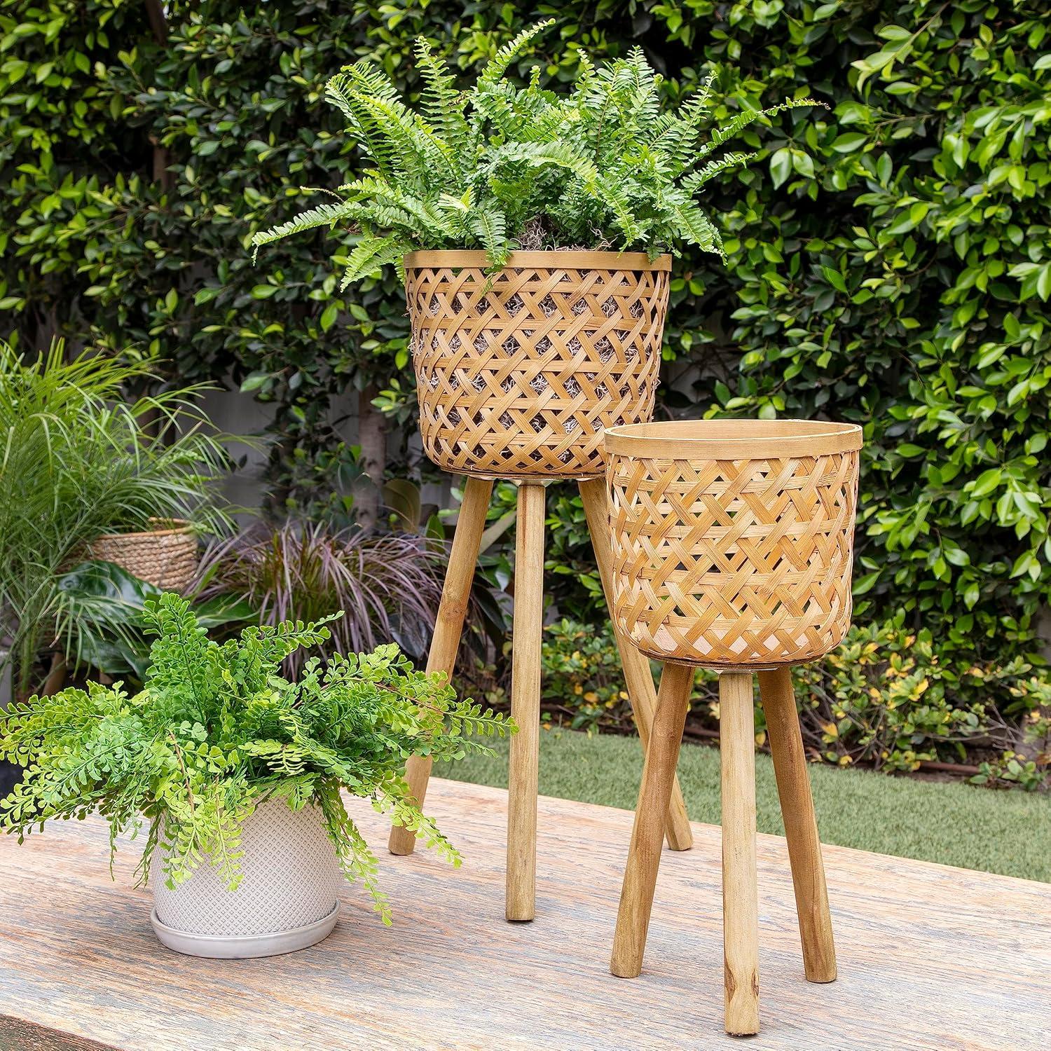 Sagebrook Home Set of 2 Bamboo Standing Planters on Wood Tripods, Indoor/Outdoor, Natural, 13 L x 13 W x 22 H Inches