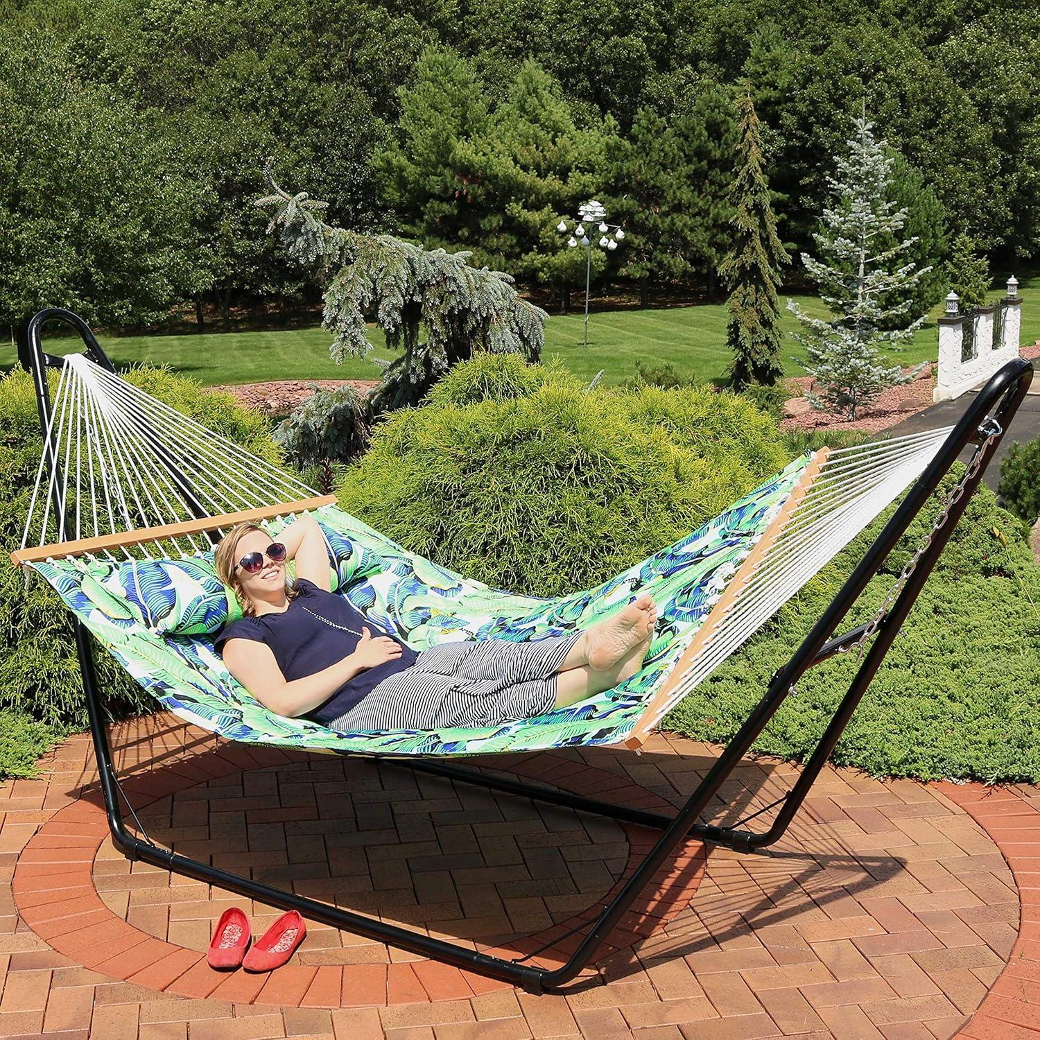 Sunnydaze 2-Person Quilted Printed Fabric Spreader Bar Hammock and Pillow with S Hooks and Hanging Chains - 450 lb Weight Capacity - Exotic Foliage