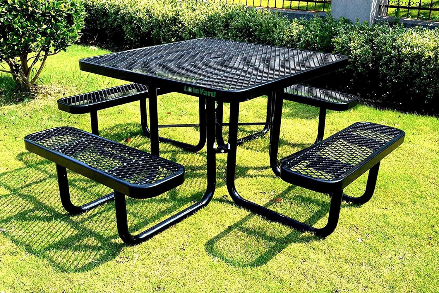 46 in. Square Outdoor Steel & Expanded Metal Picnic Table, Black