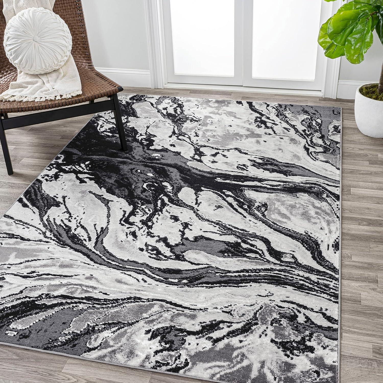 Abstract Swirl Marbled Black/Ivory 3x5 Synthetic Area Rug