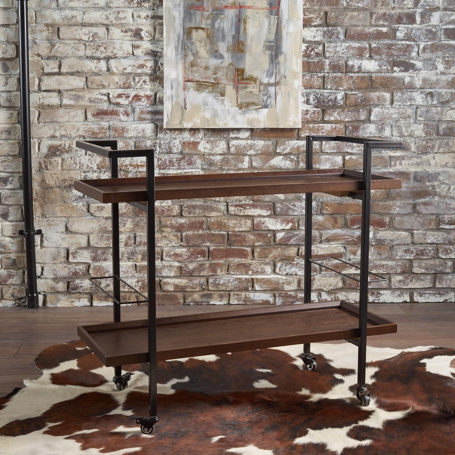 GDFStudio Harrison Industrial Faux Wood and Iron Bar Cart with Wheels, Dark Walnut