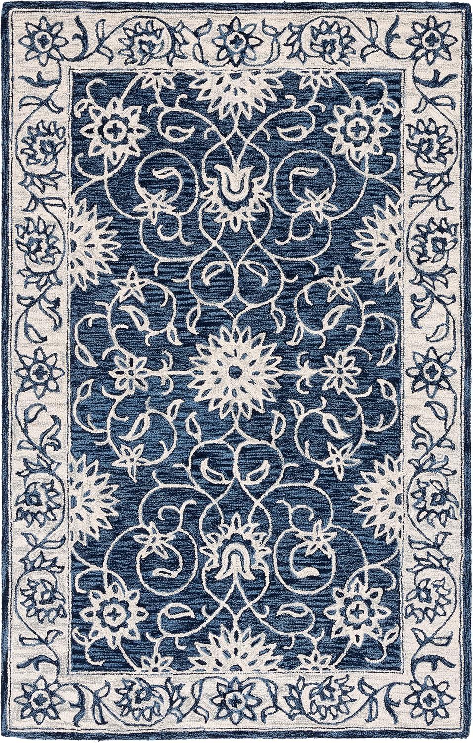 Ivory and Navy Floral Handmade Wool Area Rug, 3' x 5'