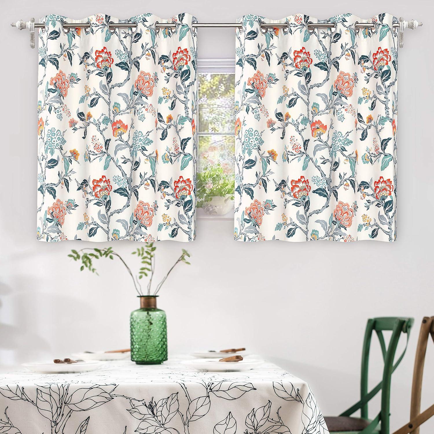 Ivory Orange Teal Floral Room Darkening Grommet Curtains, 52" x 36"