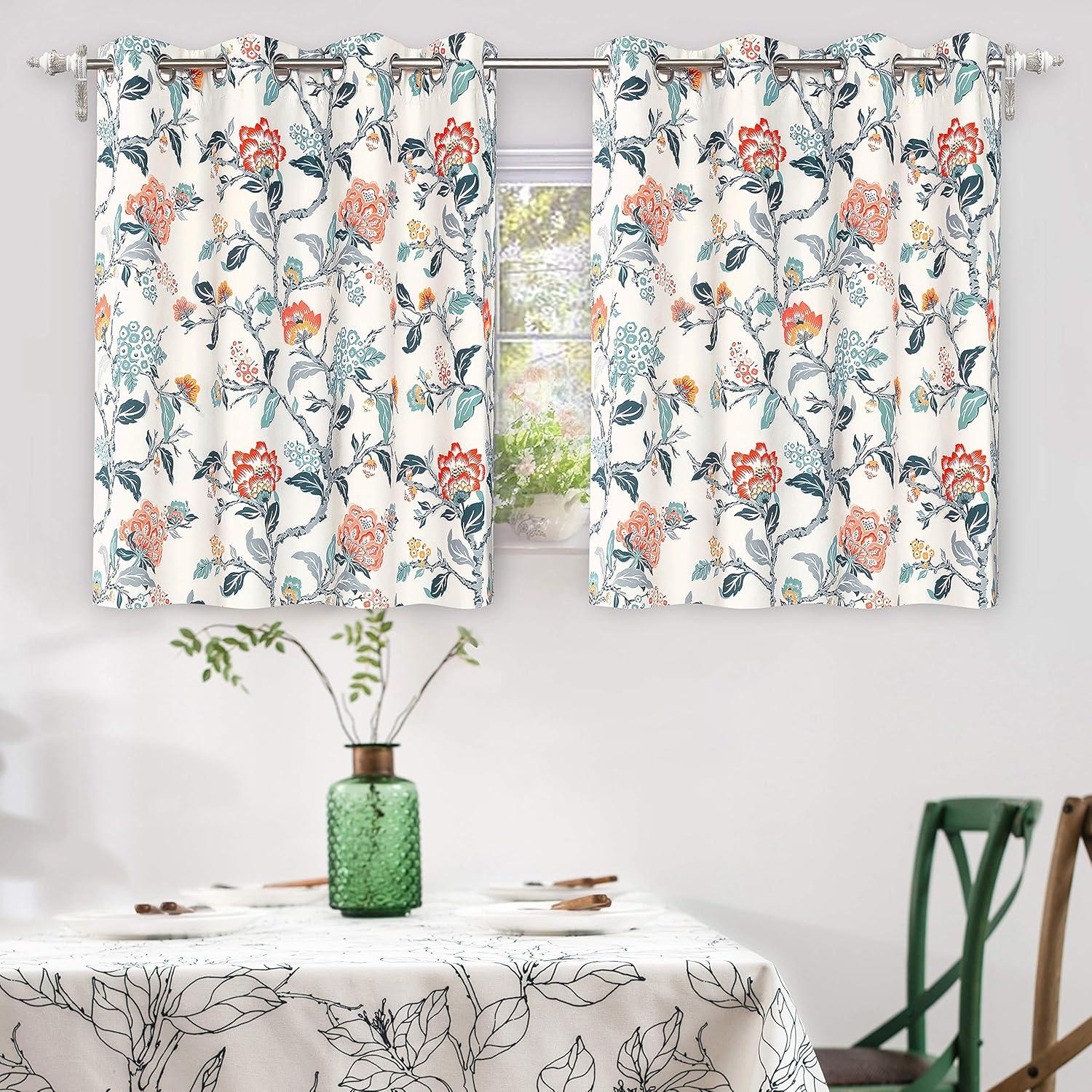 DriftAway Ada Floral Lined Thermal Insulated Room Darkening Blackout Grommet Window Curtains, 2 Panels, 52" x 36", Ivory Orange Teal