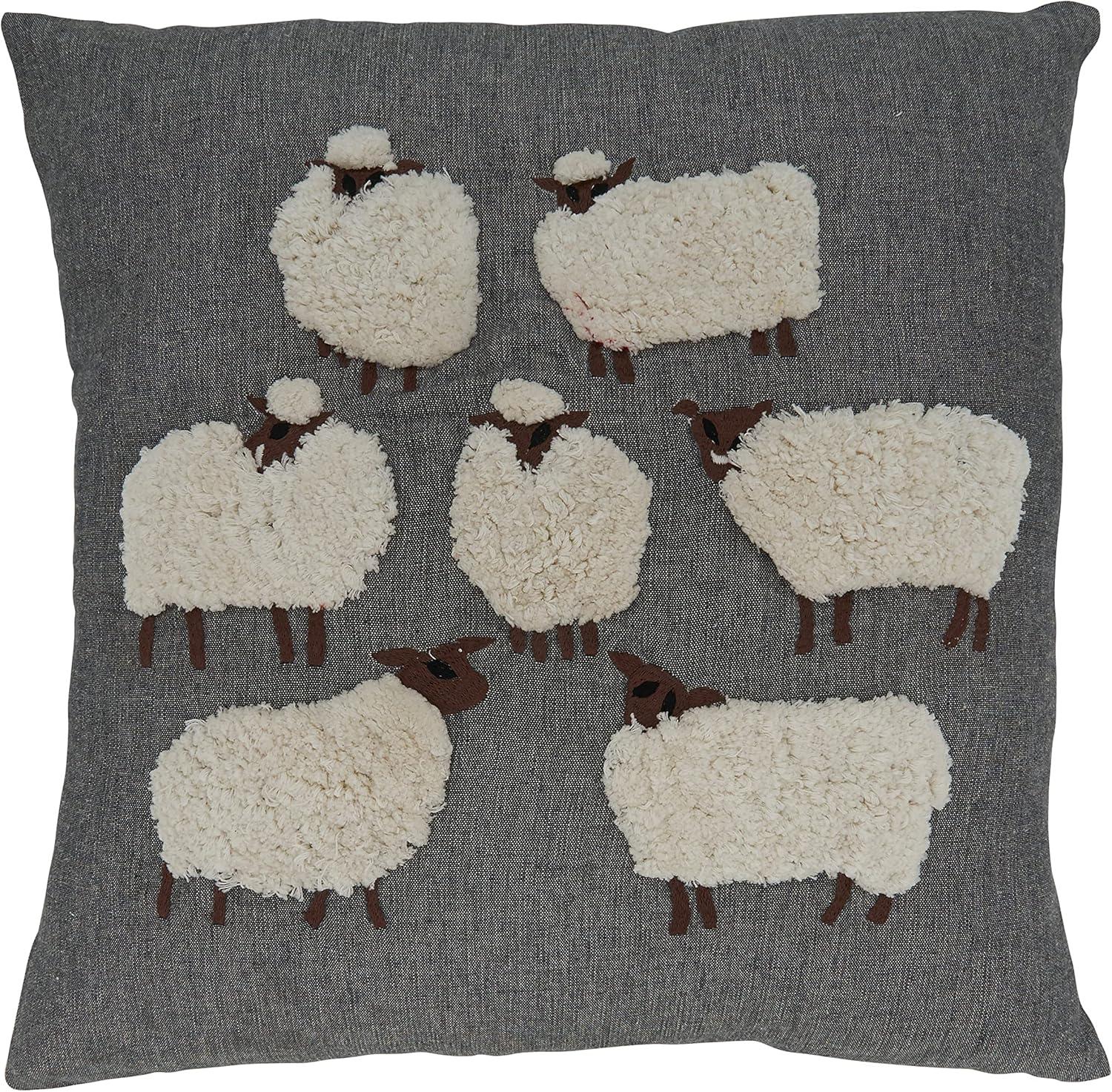 Gray Square Embroidered Sheep Cotton Throw Pillow