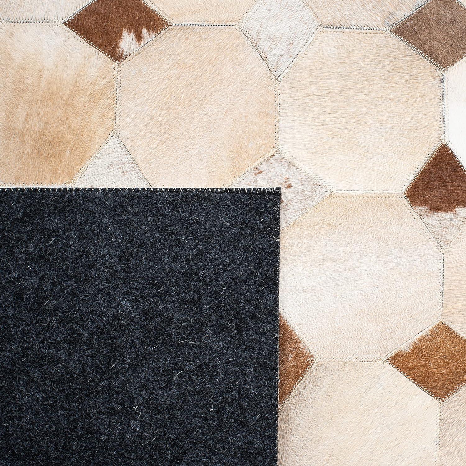 Ivory and Brown Geometric Cowhide Flat Woven Rug, 8' x 10'