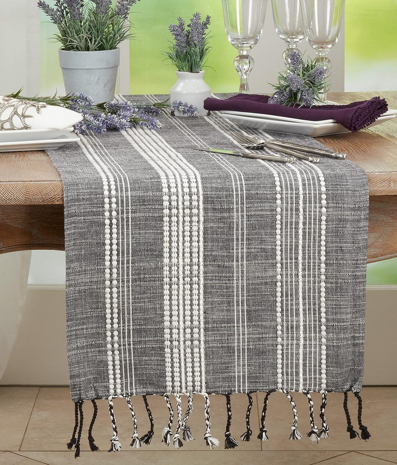 Black and White Cotton Striped Table Runner with Tassels