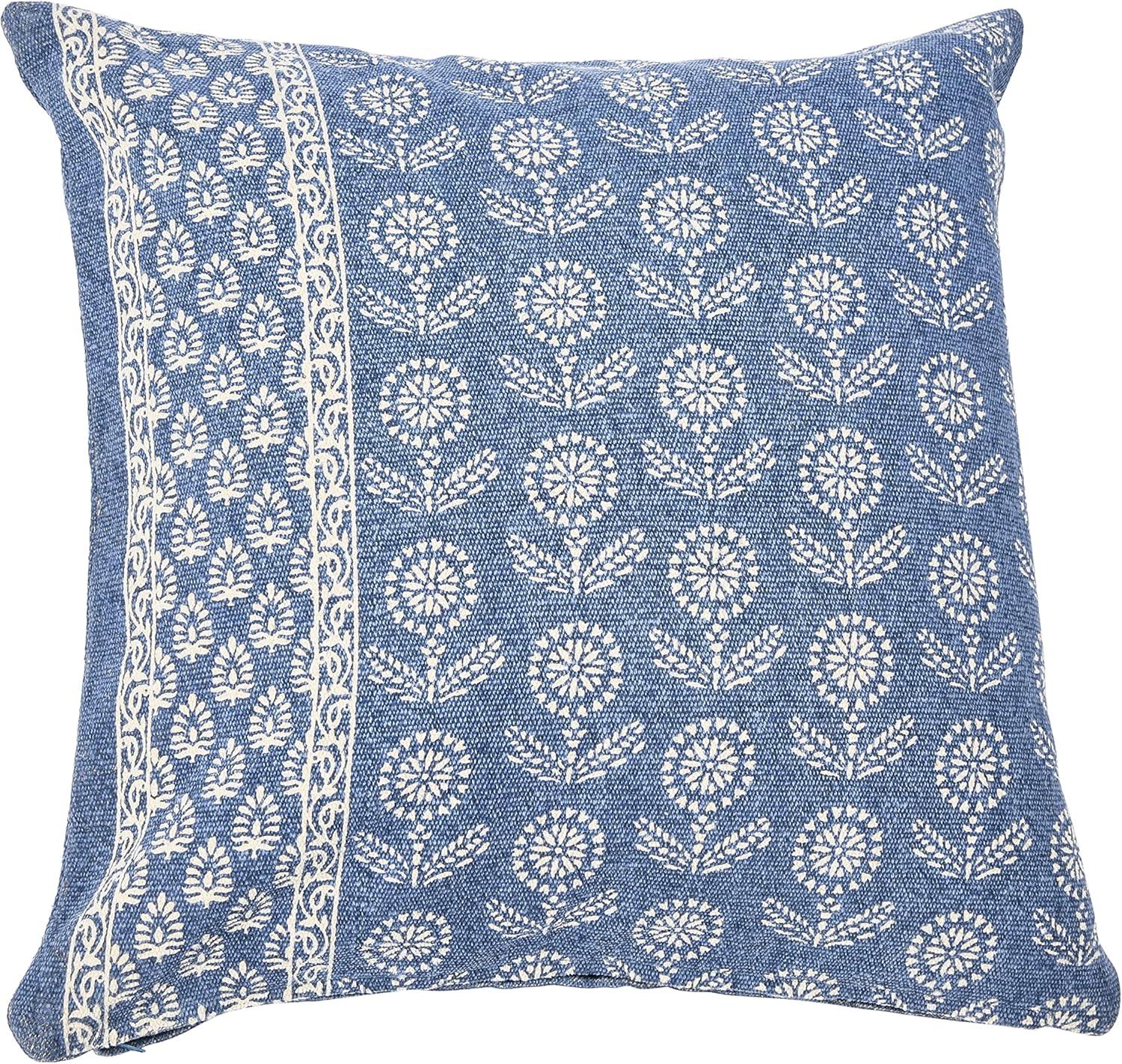 Indigo Blue Cotton Floral Square Pillow Cover 20"