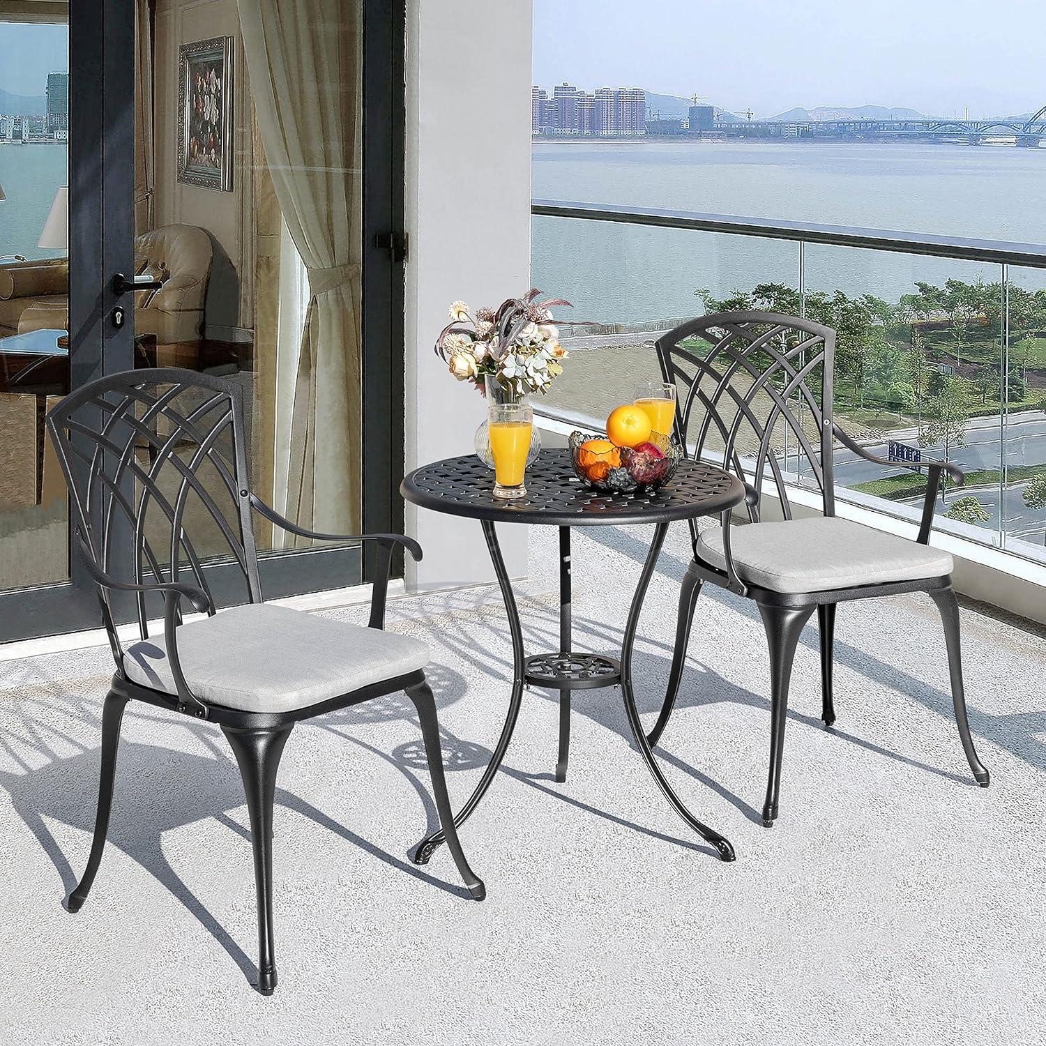 Black Cast Aluminum 3-Piece Outdoor Bistro Set with Gray Cushions