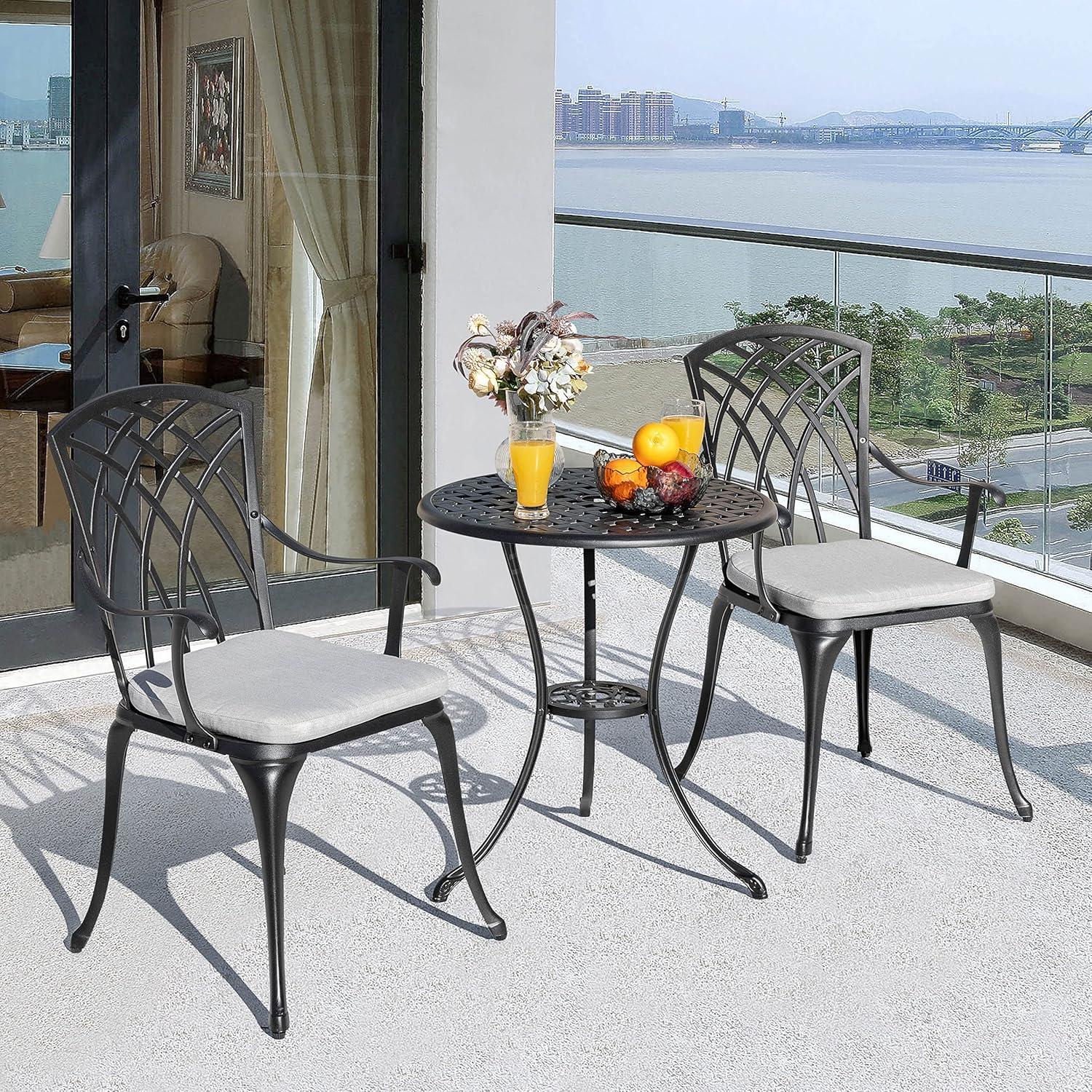 Black Cast Aluminum 3-Piece Bistro Set with Grey Cushions