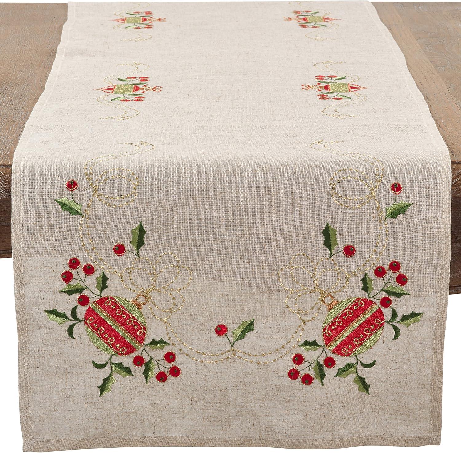 Cream Rustic Floral Embroidered Linen Blend Table Runner