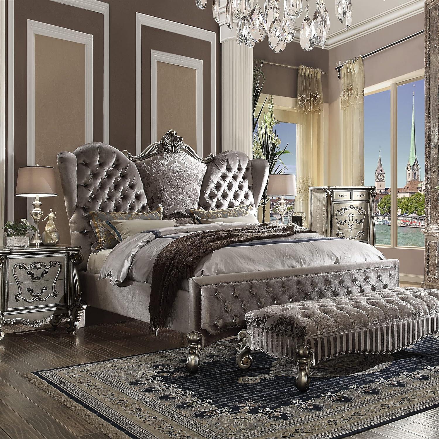 Gray Velvet Upholstered Queen Bed with Nailhead Trim