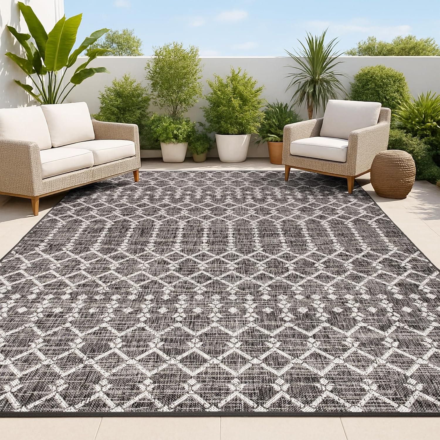 3'x5' Ourika Moroccan Geometric Textured Weave Indoor/Outdoor Area Rug, Black/Gray - JONATHAN Y