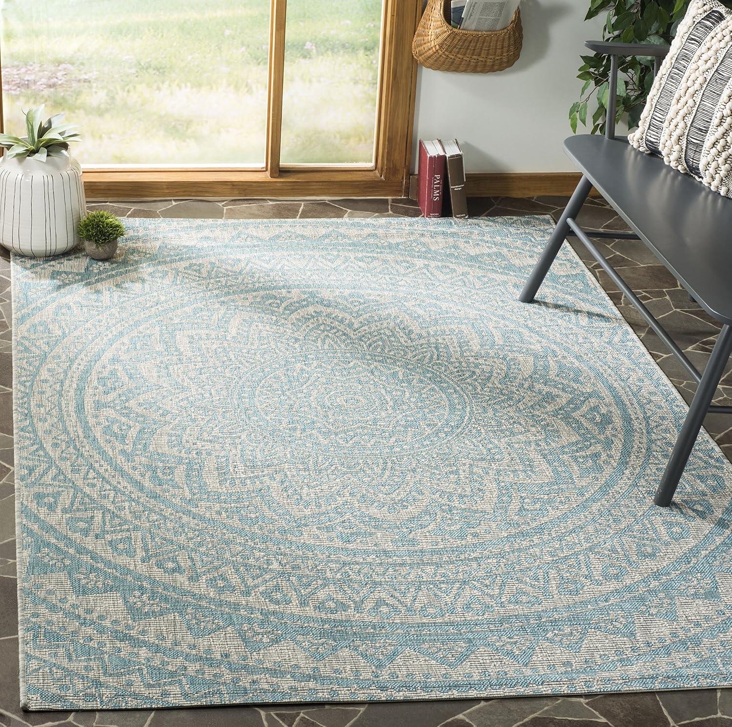 Courtyard CY8734 Power Loomed Indoor and Outdoor Area Rug - Light Grey/Teal - 4'x5'7" - Safavieh