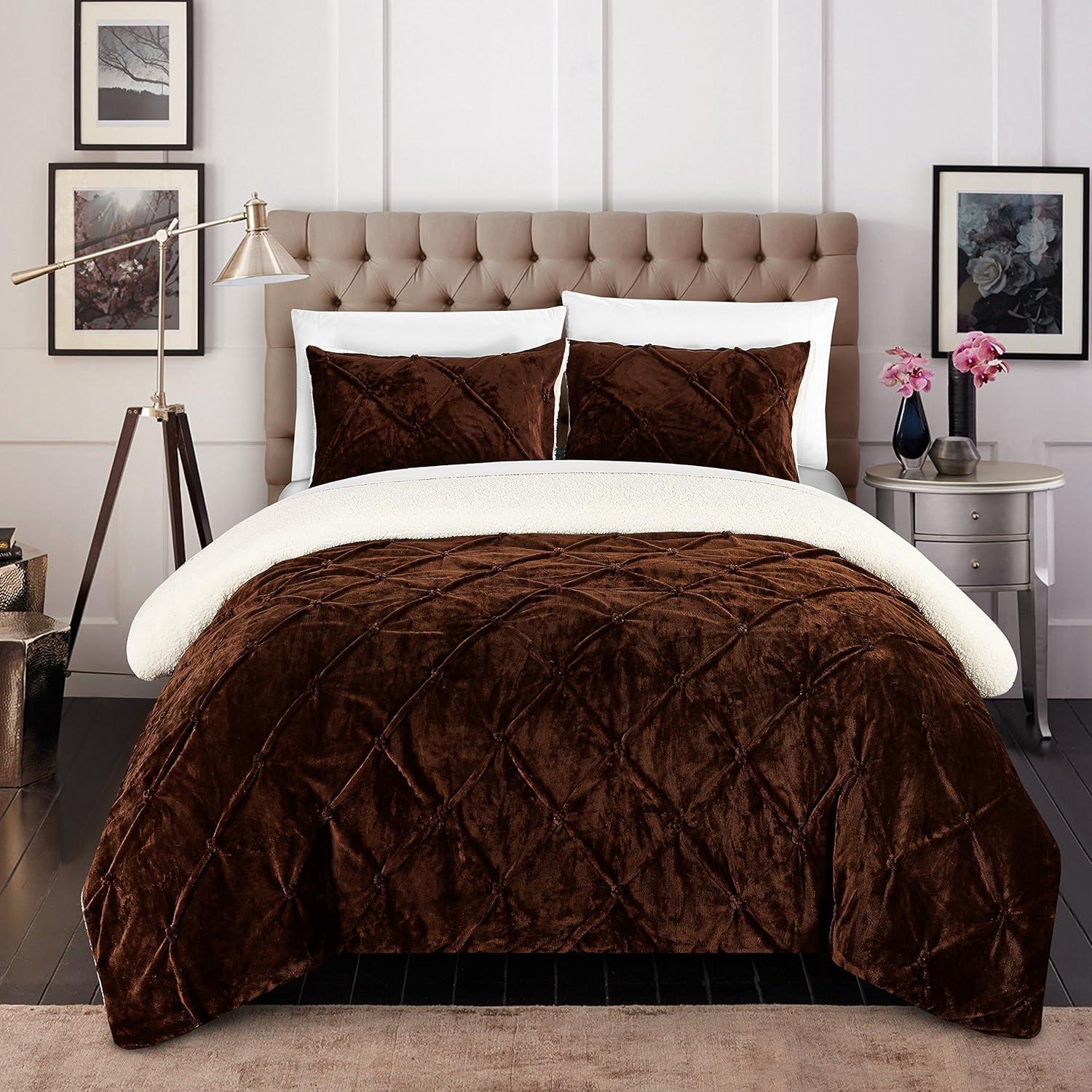 Enzo Pinch Pleated Ruffled & Pin Tuck Sherpa Lined Bed in a Bag Comforter Set - Brown - Queen - 3 Piece