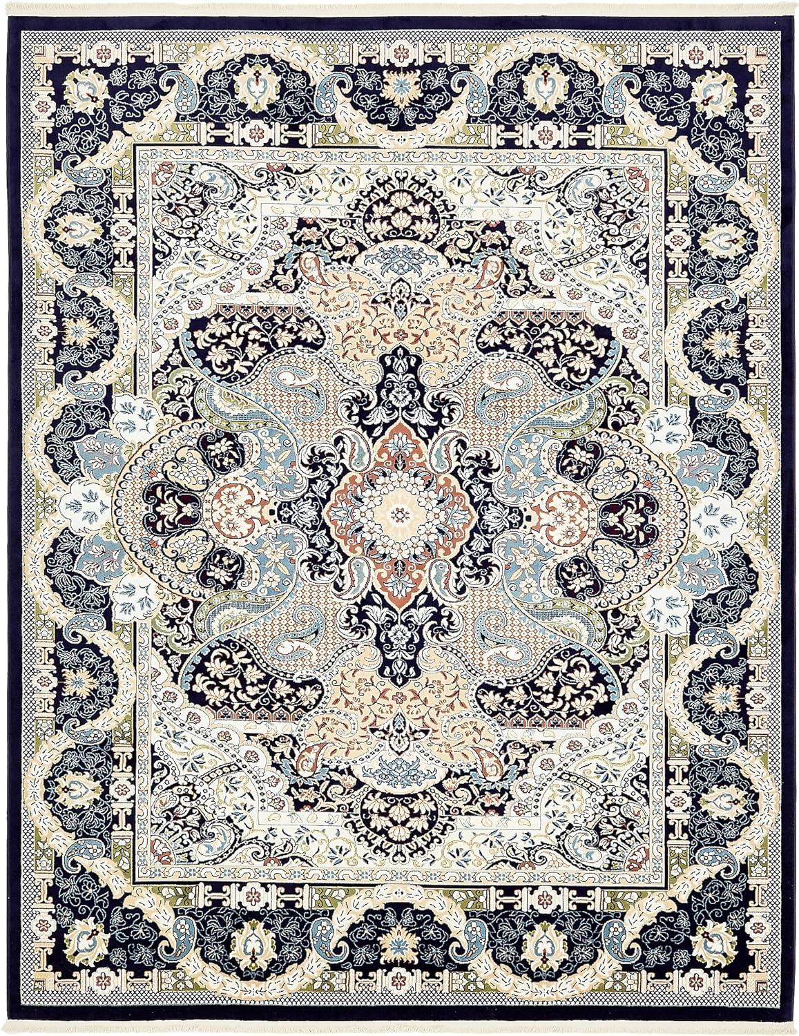 Navy Blue Floral Elegance 8' x 10' Synthetic Area Rug