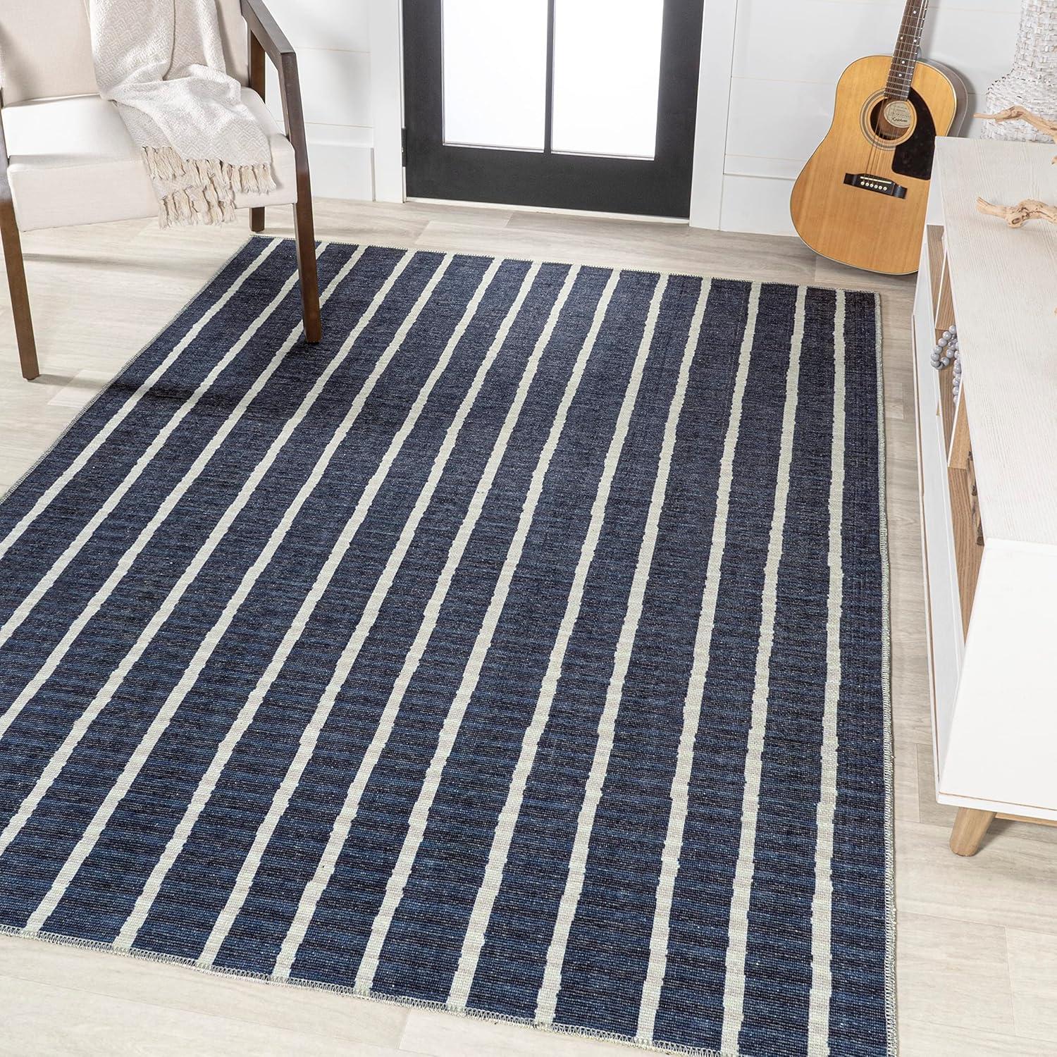 5' x 8' Rand Distressed Ticking Stripe Machine-Washable Area Rug, Navy/Ivory - JONATHAN Y