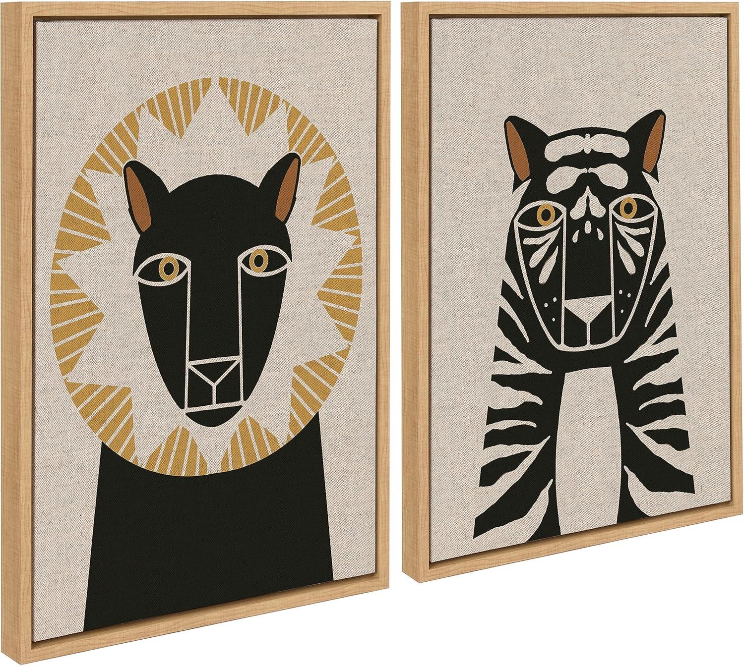 Neutral Linen Lion and Tiger Canvas Wall Art Set