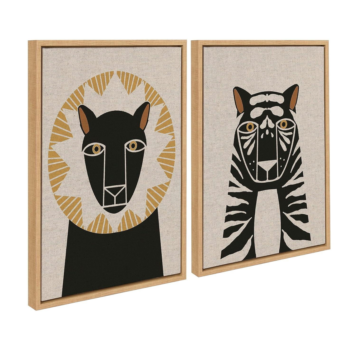 Kate and Laurel Sylvie Lion Profile Neutral Linen and Tiger Profile Neutral Linen Framed Canvas Art Set by Hannah Beisang