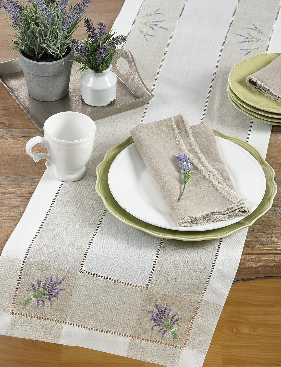 Saro Lifestyle Embroidered Lavender Hemstitch Runner, Ivory, 15" x 70"