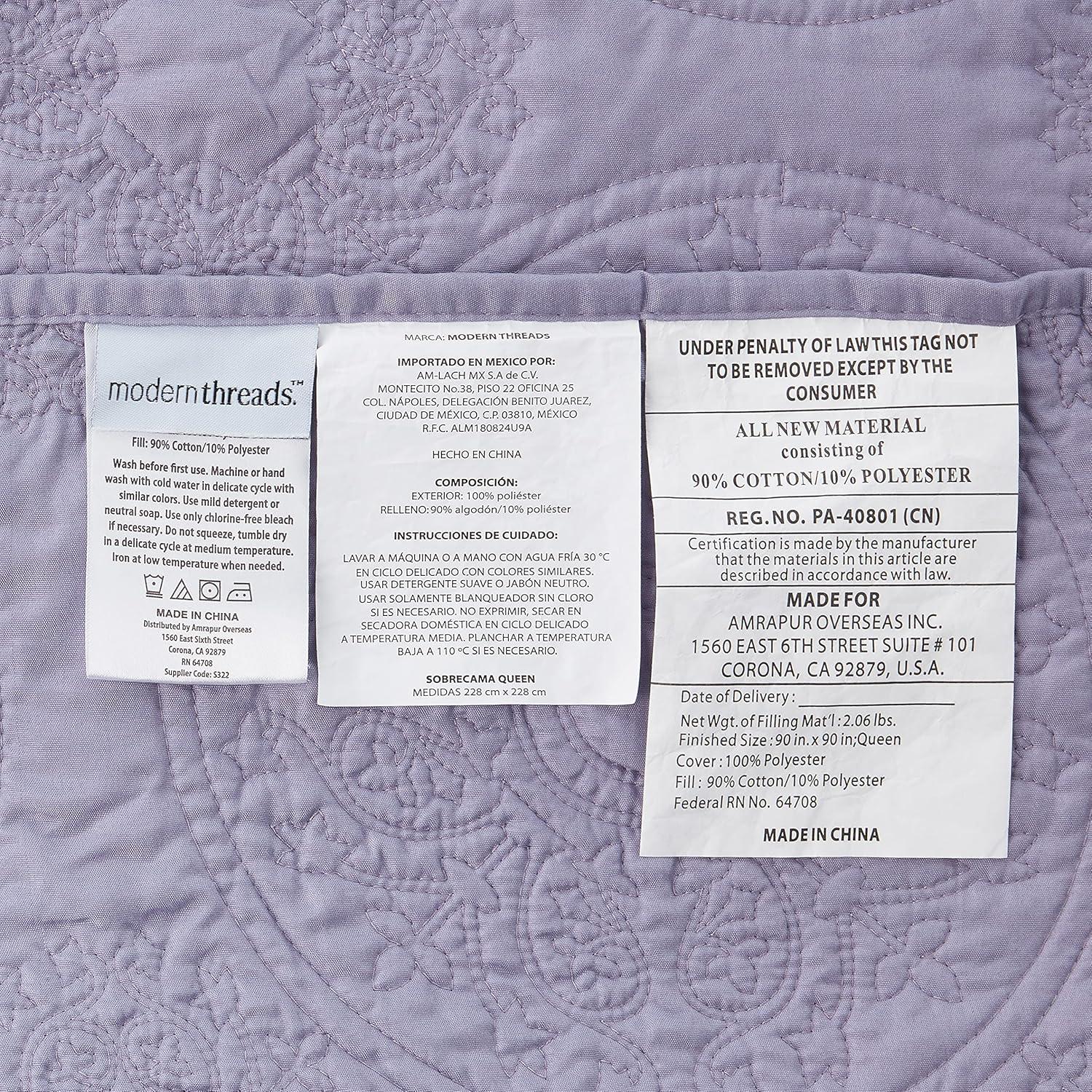 Modern Threads Ultra Soft Medallion Embroidered 3 Piece, Lavender, Full/Queen Quilt Set