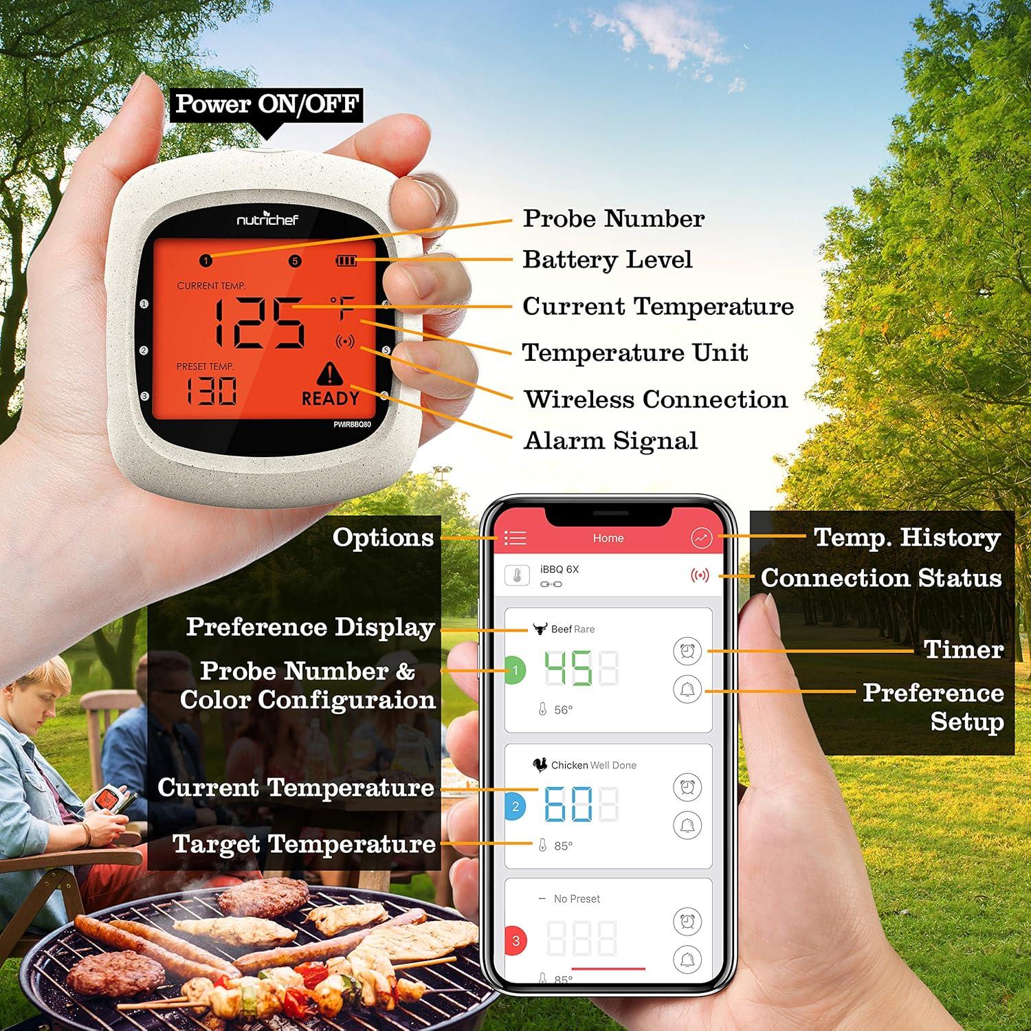 NutriChef Nutrichef Bluetooth Meat Thermometer For Grilling And Smoking With 6 Wireless Meat Probes, 6 Channels With Lcd Display