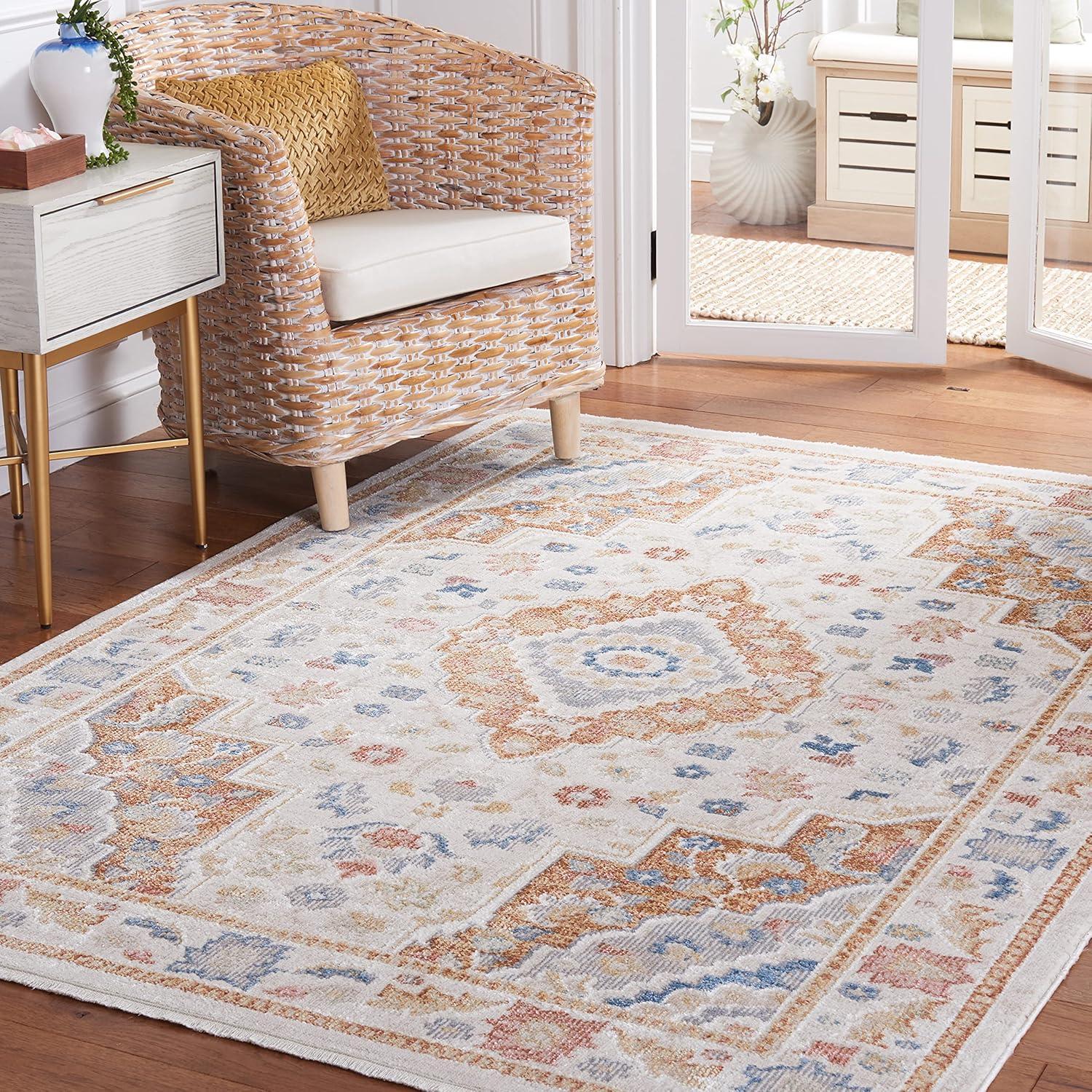 Beige and Rust Rectangular Washable Synthetic Area Rug