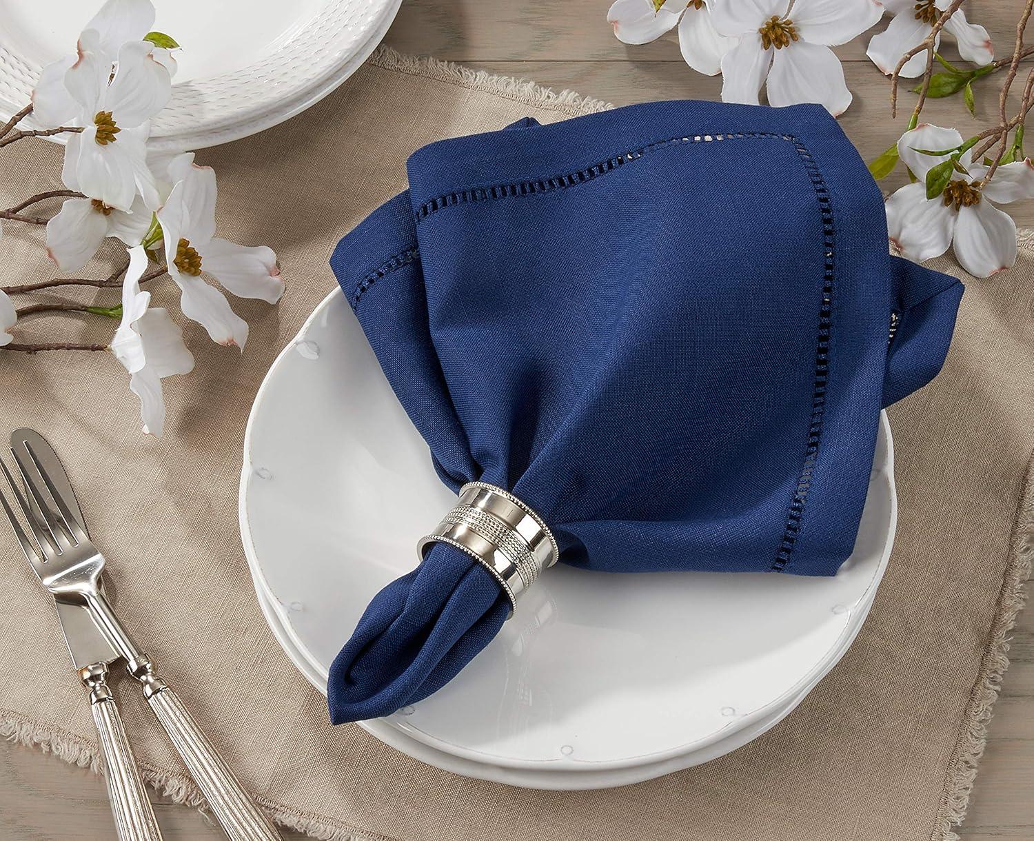 Saro Lifestyle Dinner Napkin With Hemstitch Border Design (Set of 12), Navy Blue, 18" x 18"