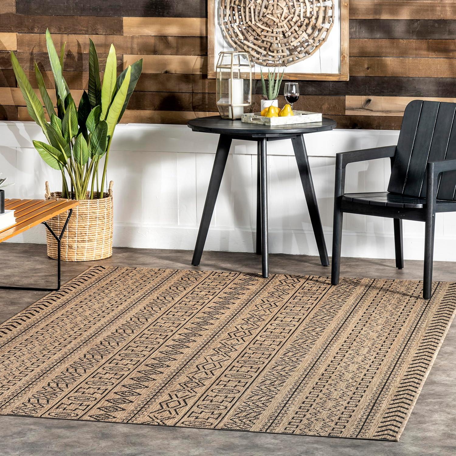 Reversible Brown Synthetic Square Indoor/Outdoor Rug