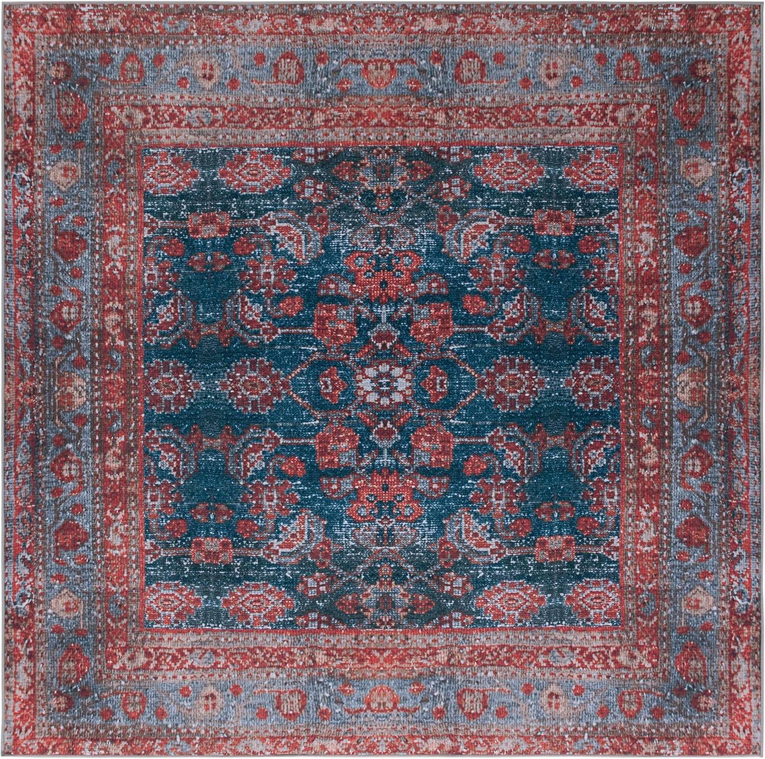 Tucson Blue and Rust Square Machine Washable Area Rug