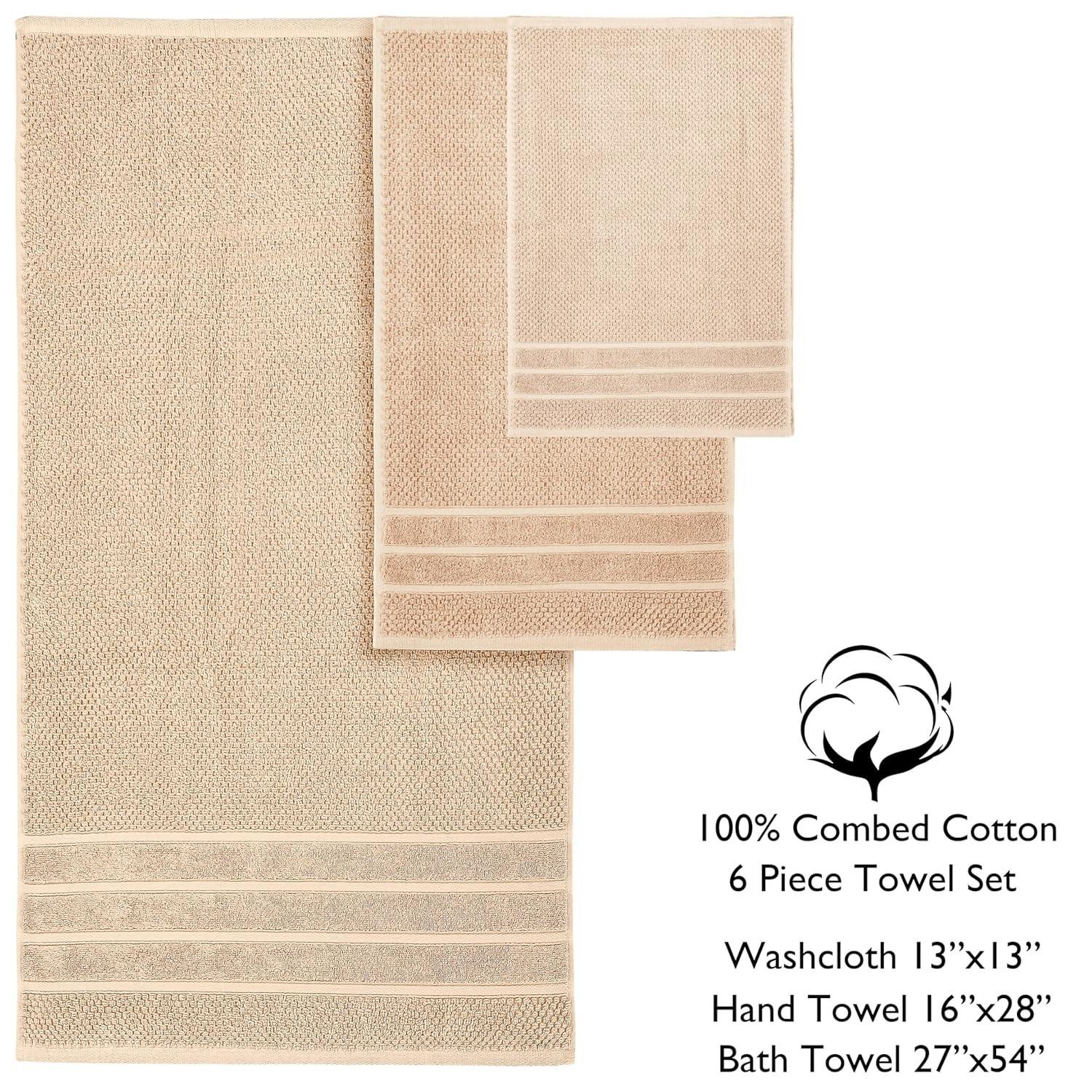 Feather & Stitch 100% Cotton 625 GSM Bath Towel Set of 6, Ultra Soft Highly Absorbent 2 Bath Towels, 2 Hand Towels & 2 Washcloth - Luxury Quick Dry Shower Towels (Linen)