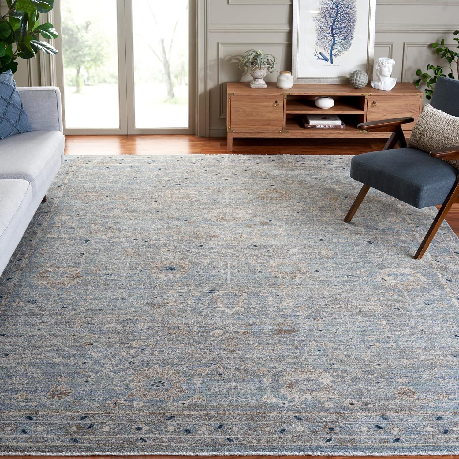 Ivory and Blue Rectangular Hand-knotted Synthetic Rug