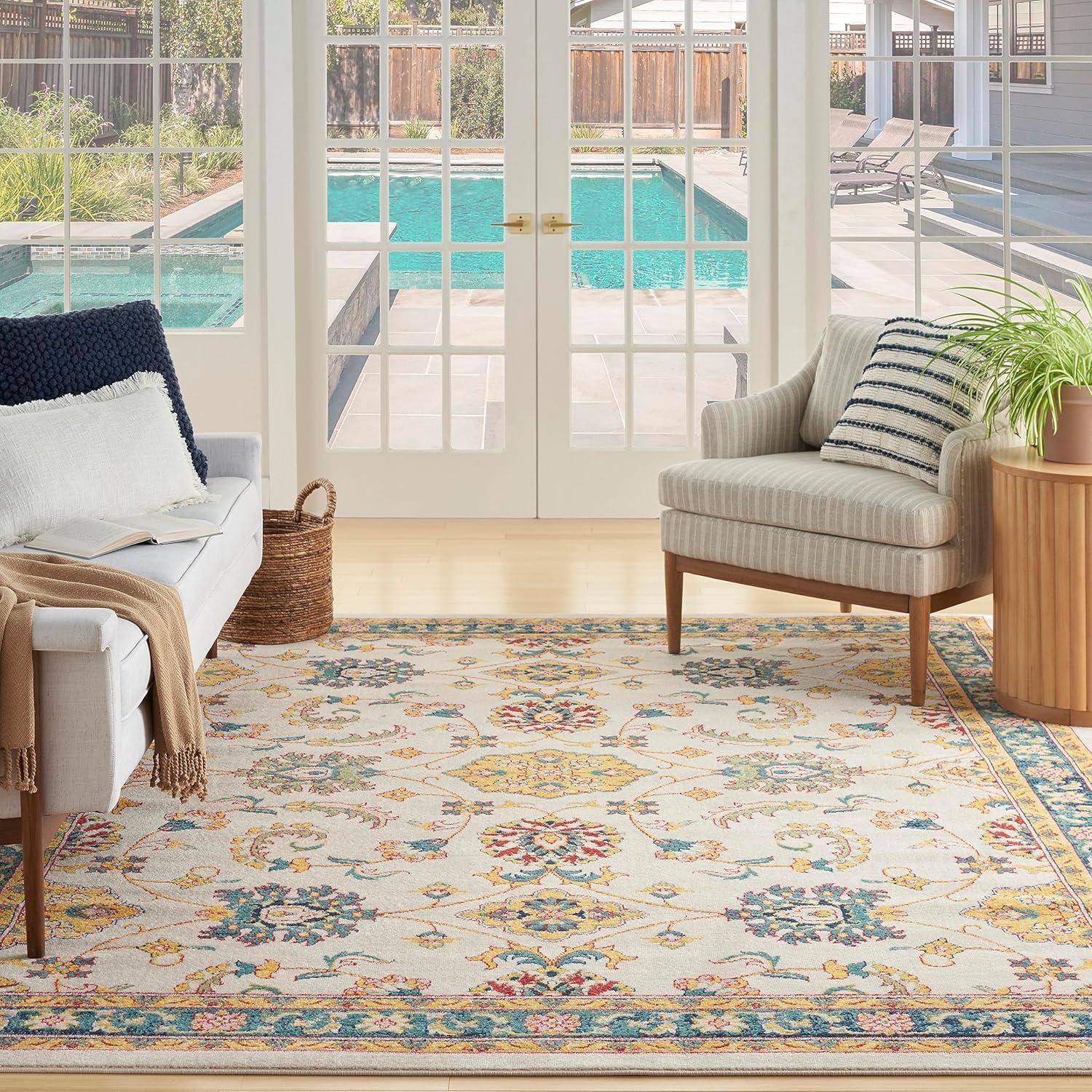 Nourison Essentials Floral Persian Indoor Outdoor Rug Ivory Gold 8' x 10'