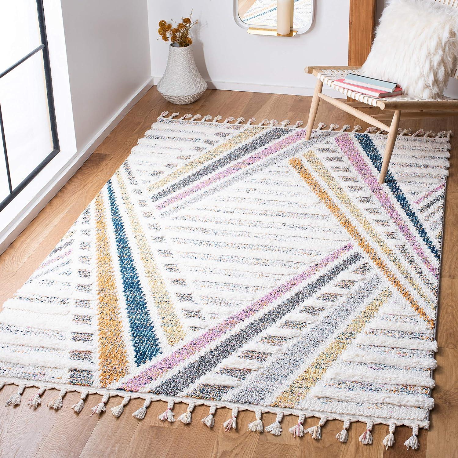 Ivory and Grey Geometric Fringe Shag Area Rug 8' x 10'