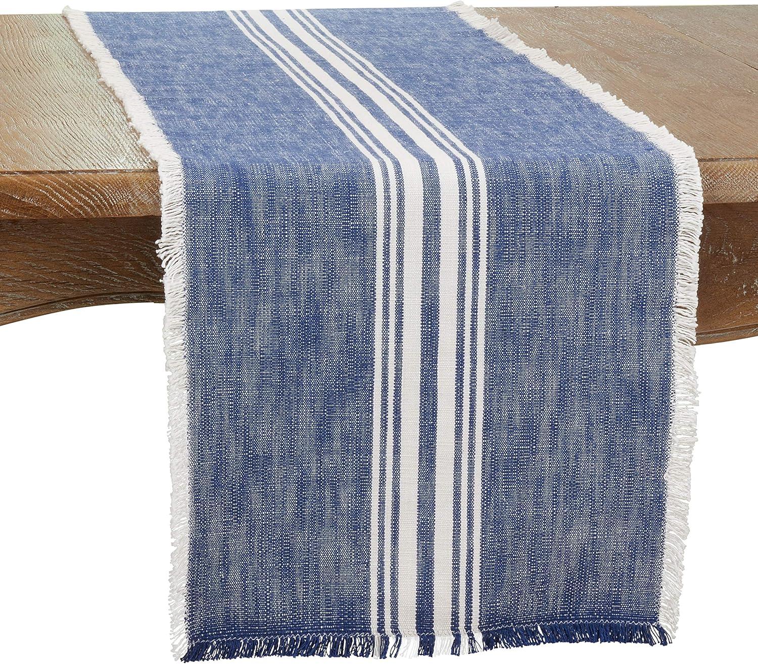 Blue and White Cotton Striped Fringe Table Runner