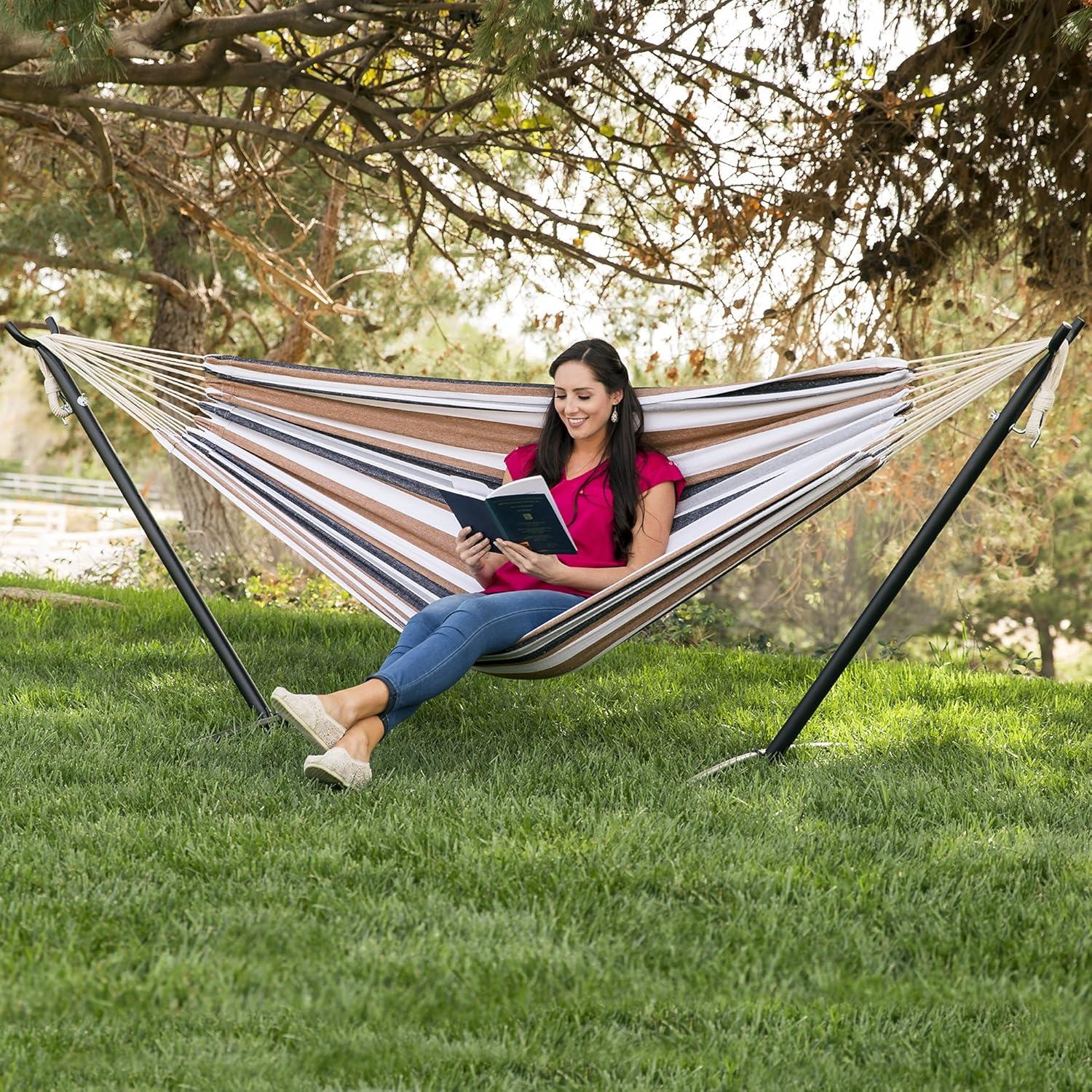 Knutsford 2-Person Brazilian-Style Cotton Double Hammock with Stand Set w/ Carrying Bag