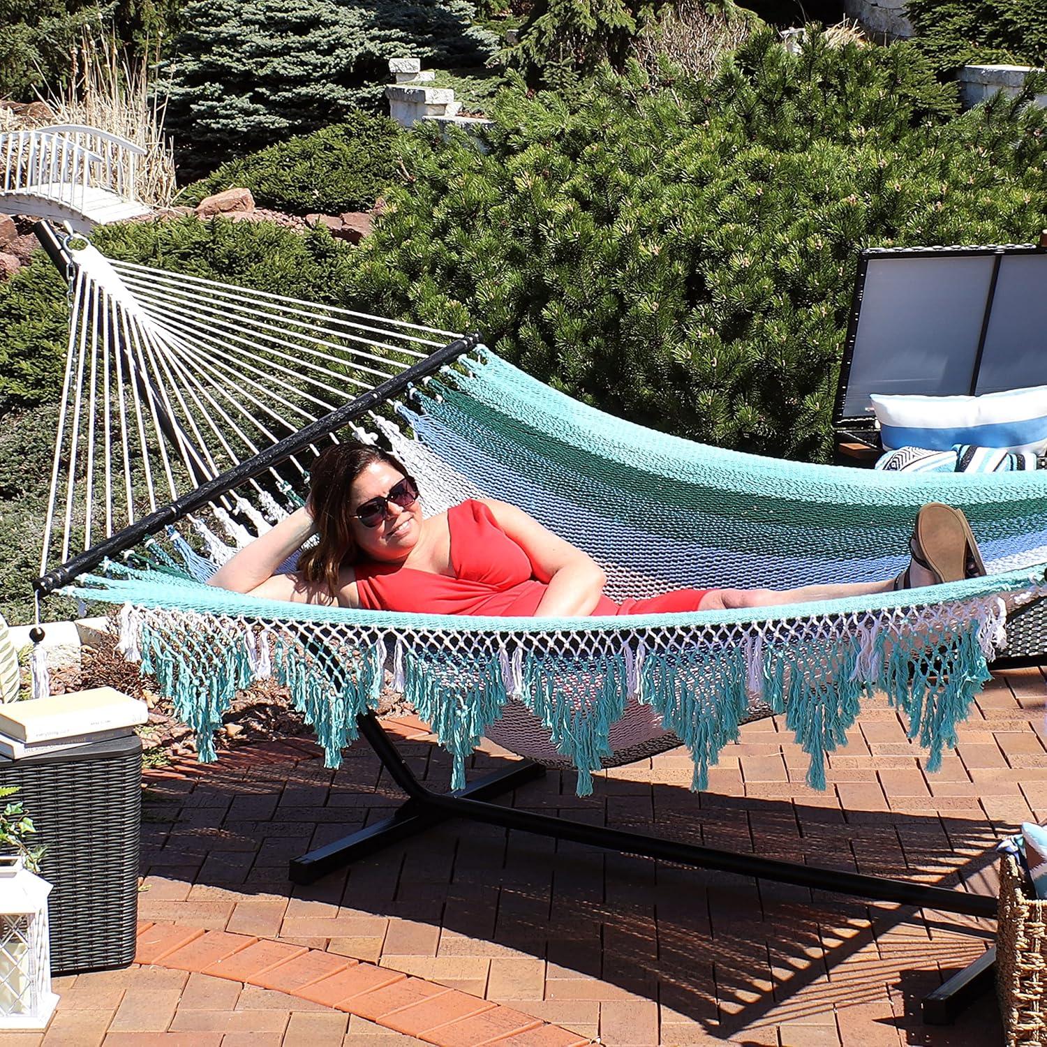 Sunnydaze Heavy-Duty 2-Person Woven Polyester Style Hammock with Crocheted edges and Wooden Spreader Bars - 600 lb Weight Capacity - Natural
