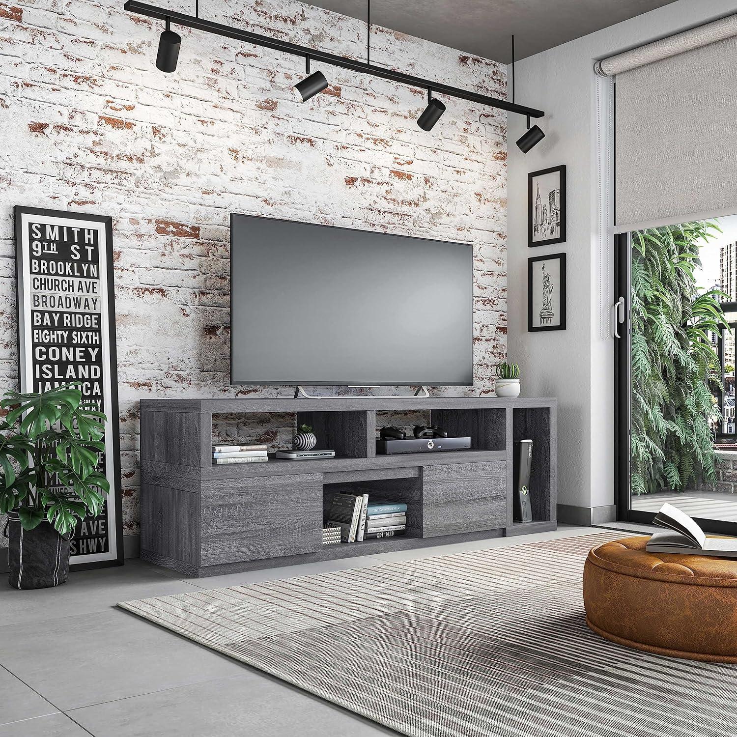 Adjustable TV Stand for TVs up to 65" Console Gray - Techni Mobili: Expandable, with Open Shelves & Metal Hardware