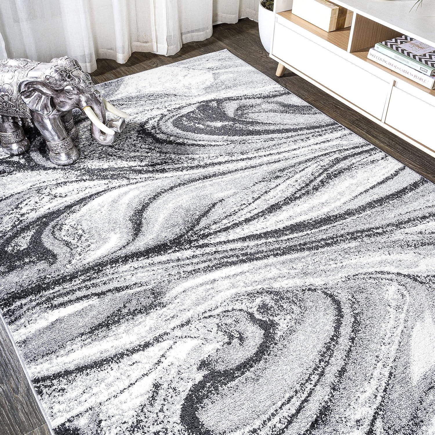 Charcoal and Ivory Abstract Swirl 3x5 Synthetic Area Rug